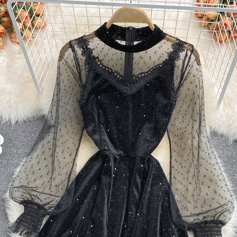 Black Velvet Lace Short Dress Black Fashion Dress RF0212
