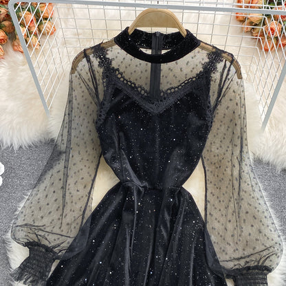 Black Velvet Lace Short Dress Black Fashion Dress RF0212