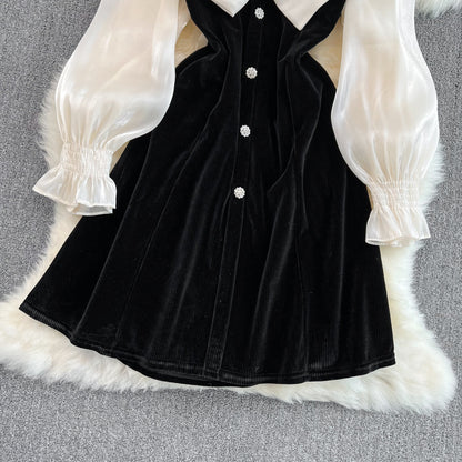 Robe noire à manches longues et col en V avec nœud et jolie robe tendance RF0211