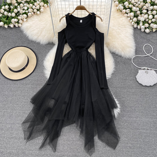 Black Irregular Long Sleeve Off Shoulder Dress Fashion Dress RF0205