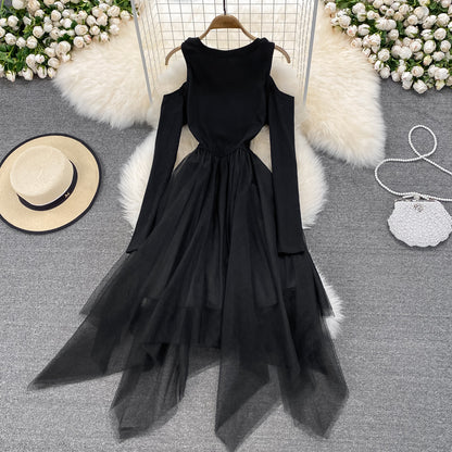 Black Irregular Long Sleeve Off Shoulder Dress Fashion Dress RF0205