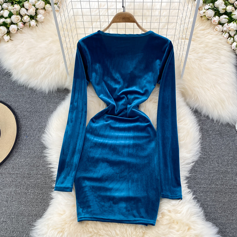 Robe sexy en velours à manches longues et col en V, robe tendance RF0199