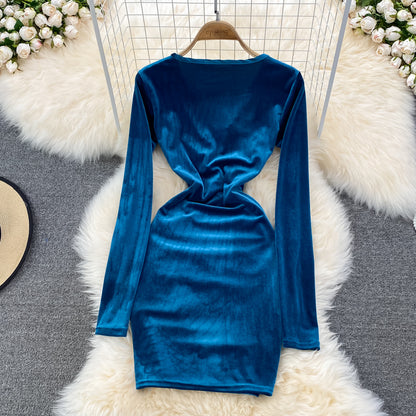 Robe sexy en velours à manches longues et col en V, robe tendance RF0199
