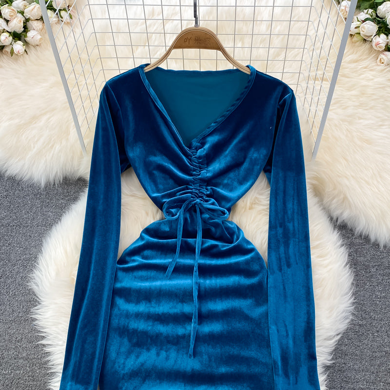 Robe sexy en velours à manches longues et col en V, robe tendance RF0199