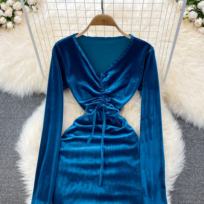 Robe sexy en velours à manches longues et col en V, robe tendance RF0199