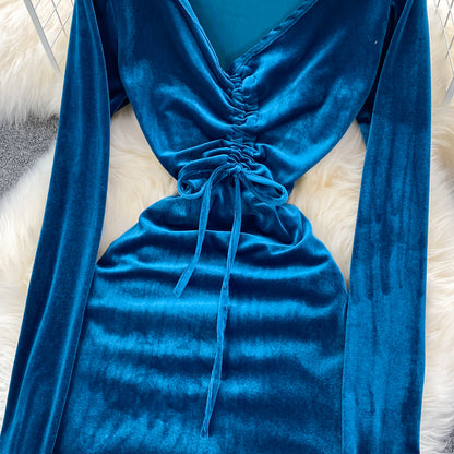 Robe sexy en velours à manches longues et col en V, robe tendance RF0199