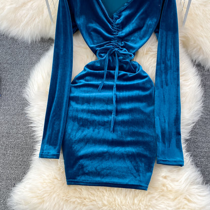 Robe sexy en velours à manches longues et col en V, robe tendance RF0199