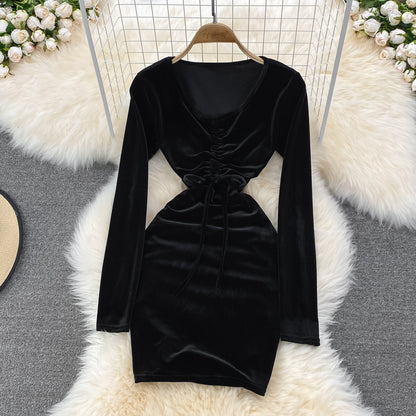 Robe sexy en velours à manches longues et col en V, robe tendance RF0199