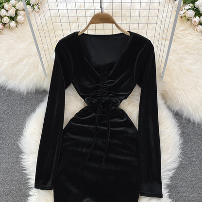 Robe sexy en velours à manches longues et col en V, robe tendance RF0199