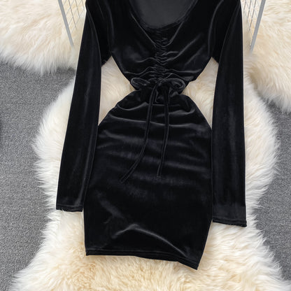Robe sexy en velours à manches longues et col en V, robe tendance RF0199
