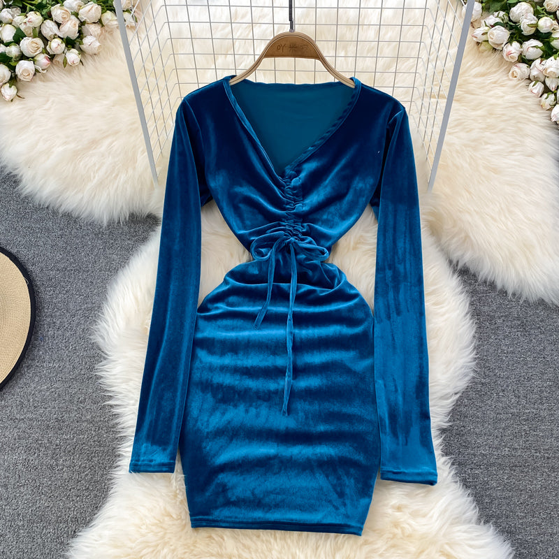 Robe sexy en velours à manches longues et col en V, robe tendance RF0199