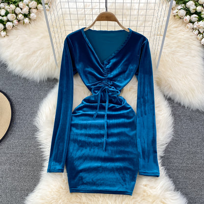 Robe sexy en velours à manches longues et col en V, robe tendance RF0199
