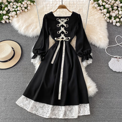 Black A Line Lace Short Dress Lace-up Fashion Dress RF0198