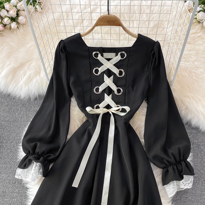 Black A Line Lace Short Dress Lace-up Fashion Dress RF0198
