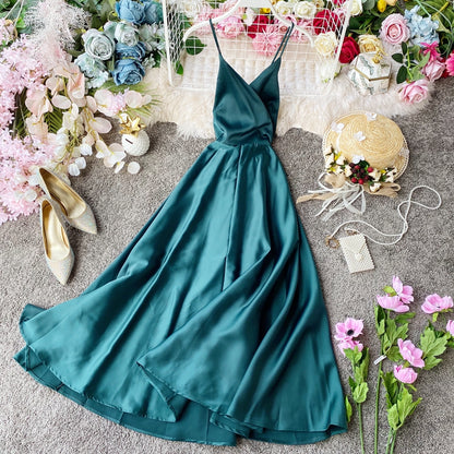 Elegant V Neck Satin A Line Dress Fashion Dress RF0196