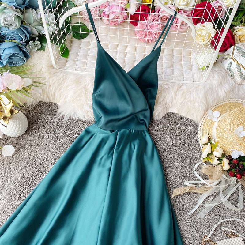 Elegant V Neck Satin A Line Dress Fashion Dress RF0196