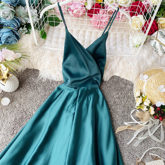 Elegant V Neck Satin A Line Dress Fashion Dress RF0196