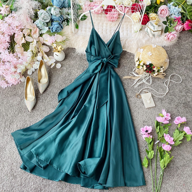 Elegant V Neck Satin A Line Dress Fashion Dress RF0196