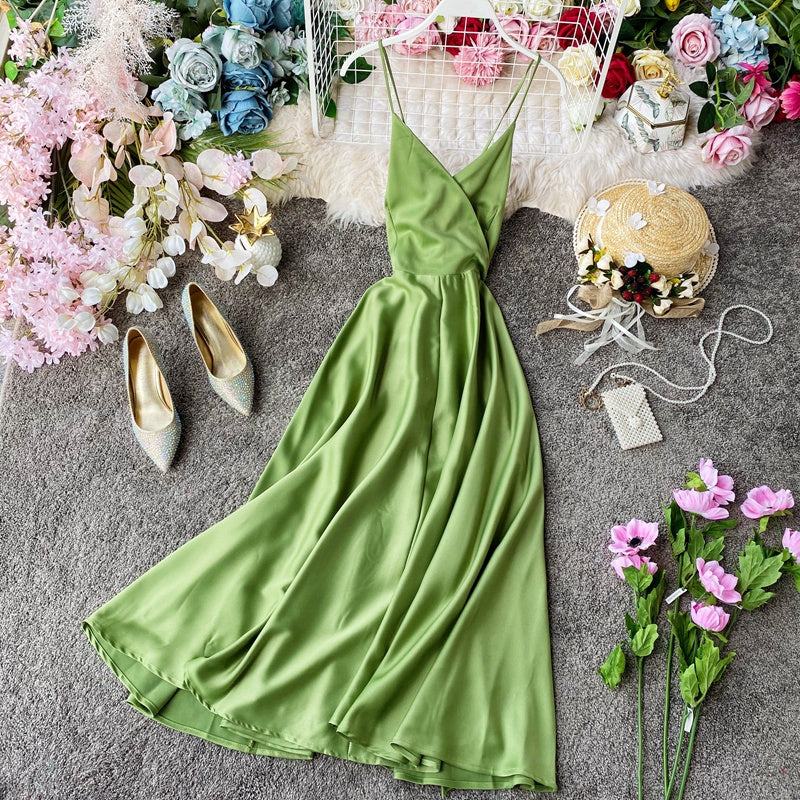 Elegant V Neck Satin A Line Dress Fashion Dress RF0196