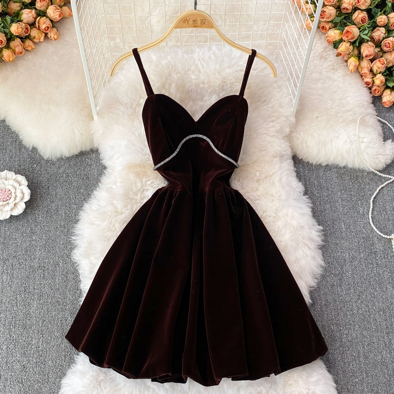 Robe courte en velours à col en V, jolie robe tendance RF0195