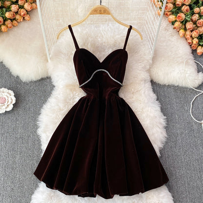 Robe courte en velours à col en V, jolie robe tendance RF0195