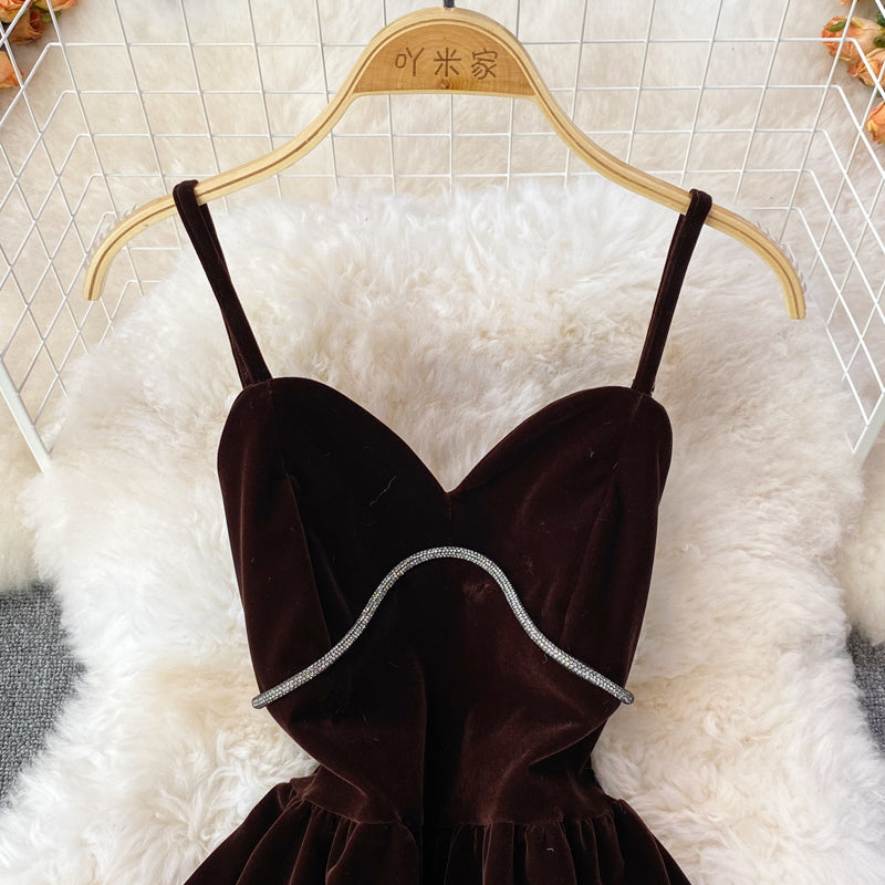 Robe courte en velours à col en V, jolie robe tendance RF0195