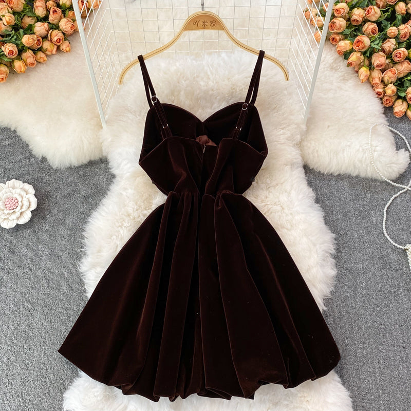 Robe courte en velours à col en V, jolie robe tendance RF0195