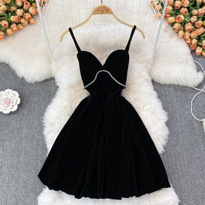 Robe courte en velours à col en V, jolie robe tendance RF0195