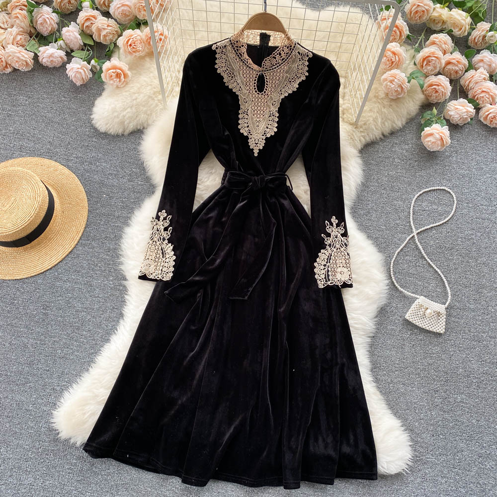 Black Velvet Lace Long Sleeve Dress Fashion Dress RF0188