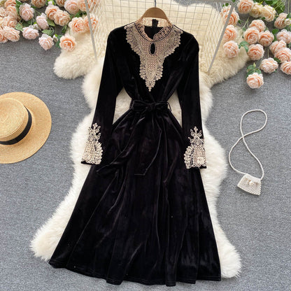 Black Velvet Lace Long Sleeve Dress Fashion Dress RF0188