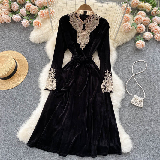 Black Velvet Lace Long Sleeve Dress Fashion Dress RF0188