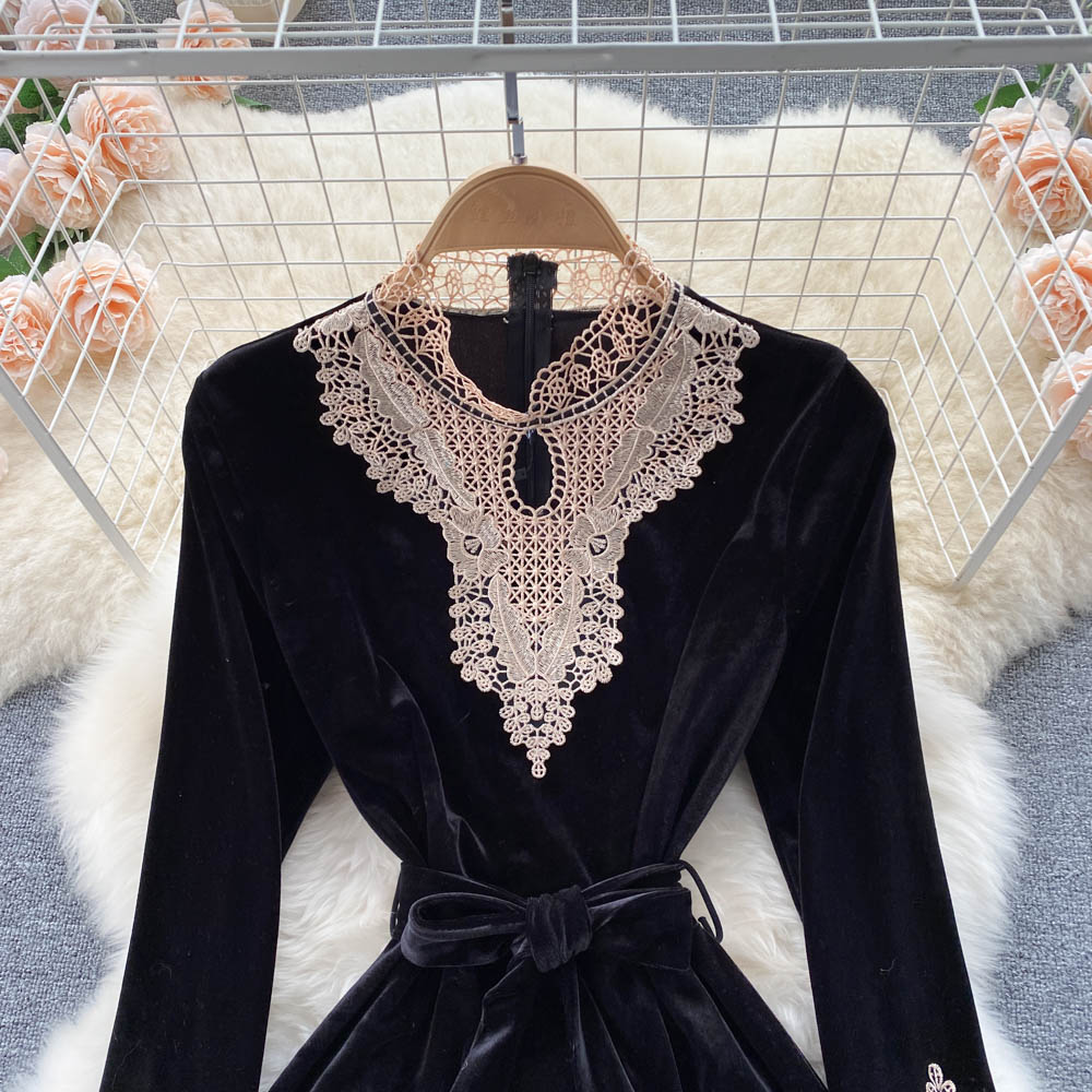 Black Velvet Lace Long Sleeve Dress Fashion Dress RF0188