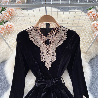 Black Velvet Lace Long Sleeve Dress Fashion Dress RF0188