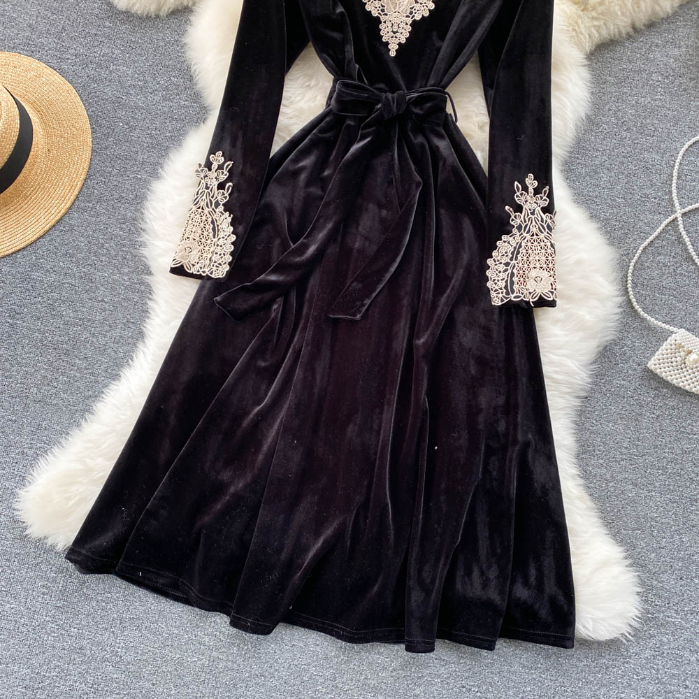 Black Velvet Lace Long Sleeve Dress Fashion Dress RF0188