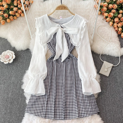 Cute Houndstooth Long Sleeve Dress A Line Fashion Dress RF0185