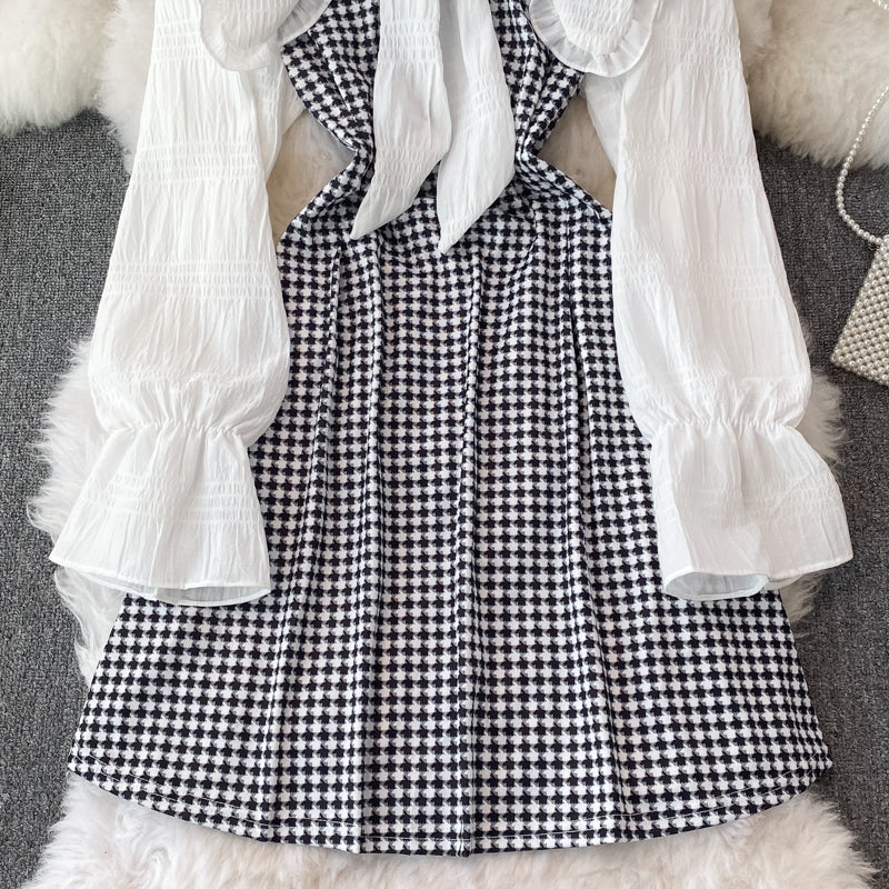 Cute Houndstooth Long Sleeve Dress A Line Fashion Dress RF0185