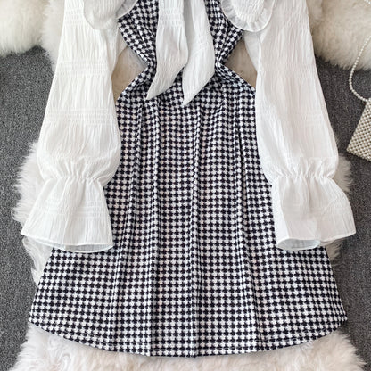 Cute Houndstooth Long Sleeve Dress A Line Fashion Dress RF0185