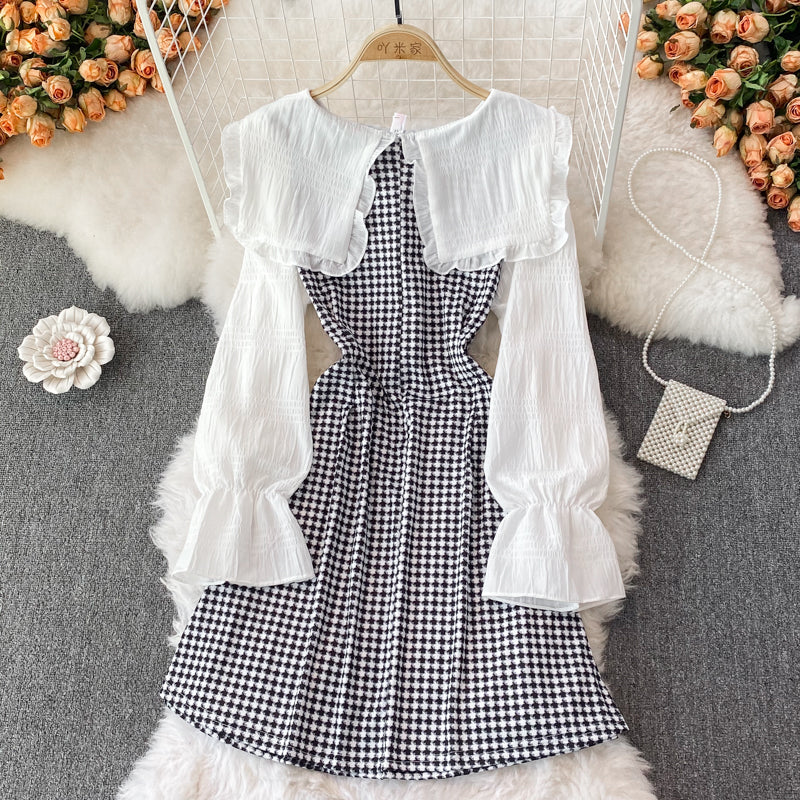 Cute Houndstooth Long Sleeve Dress A Line Fashion Dress RF0185
