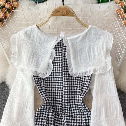 Cute Houndstooth Long Sleeve Dress A Line Fashion Dress RF0185