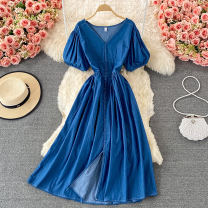 Simple V Neckline Denim Dress A Line Fashion Dress RF0182
