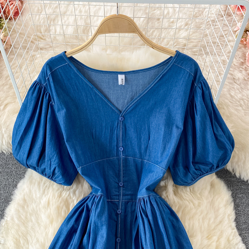 Simple V Neckline Denim Dress A Line Fashion Dress RF0182