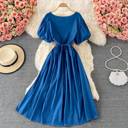 Simple V Neckline Denim Dress A Line Fashion Dress RF0182