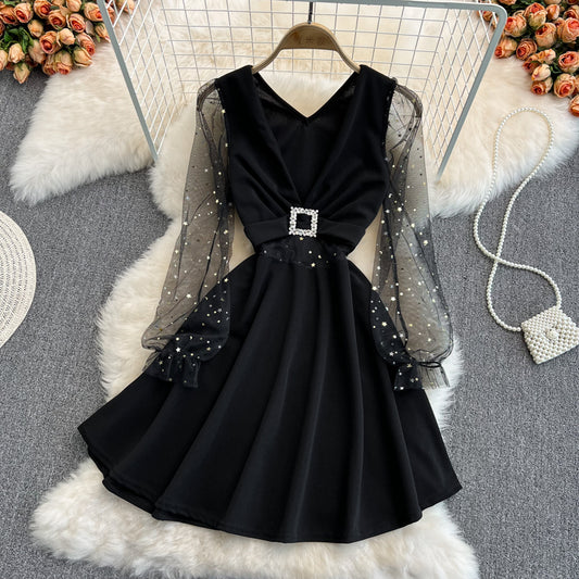 Black V Neck Short Dress A Line Fashion Dress RF0180