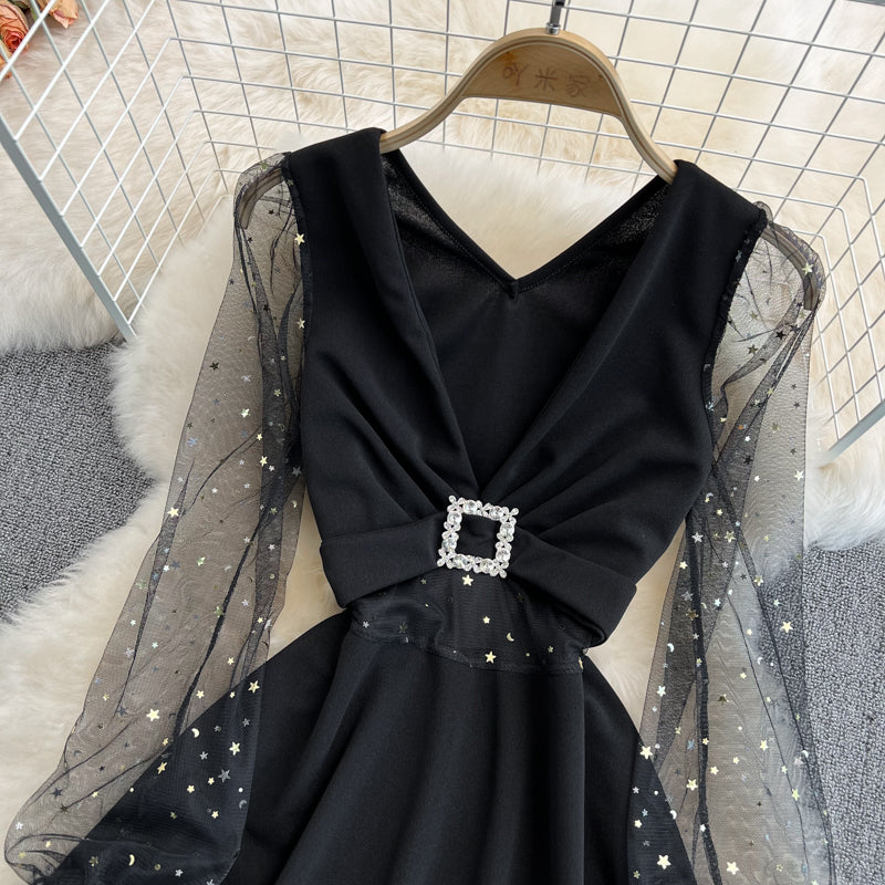 Black V Neck Short Dress A Line Fashion Dress RF0180