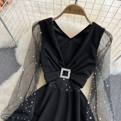 Black V Neck Short Dress A Line Fashion Dress RF0180