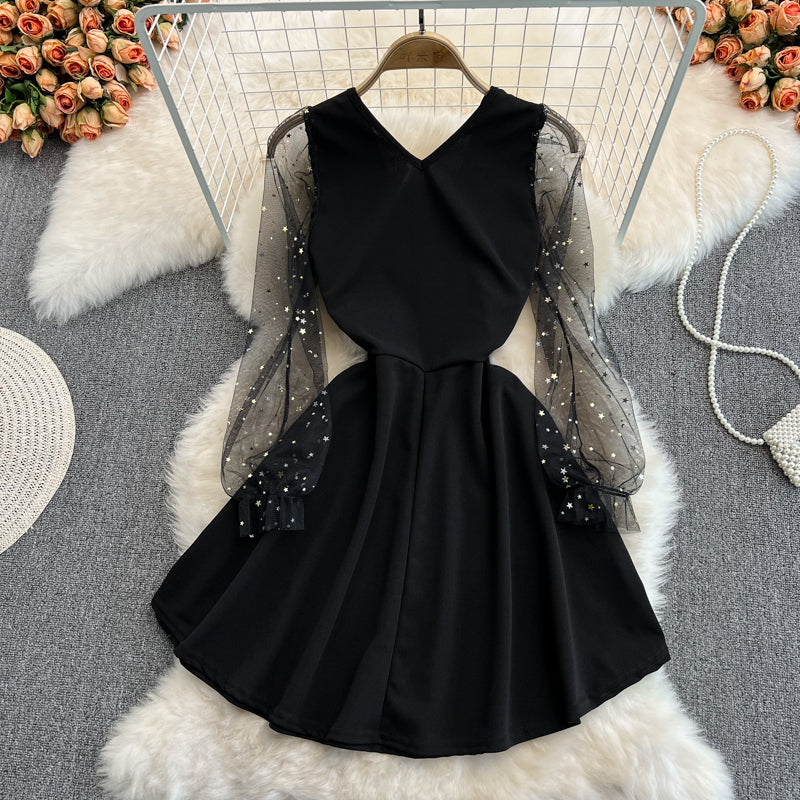 Black V Neck Short Dress A Line Fashion Dress RF0180