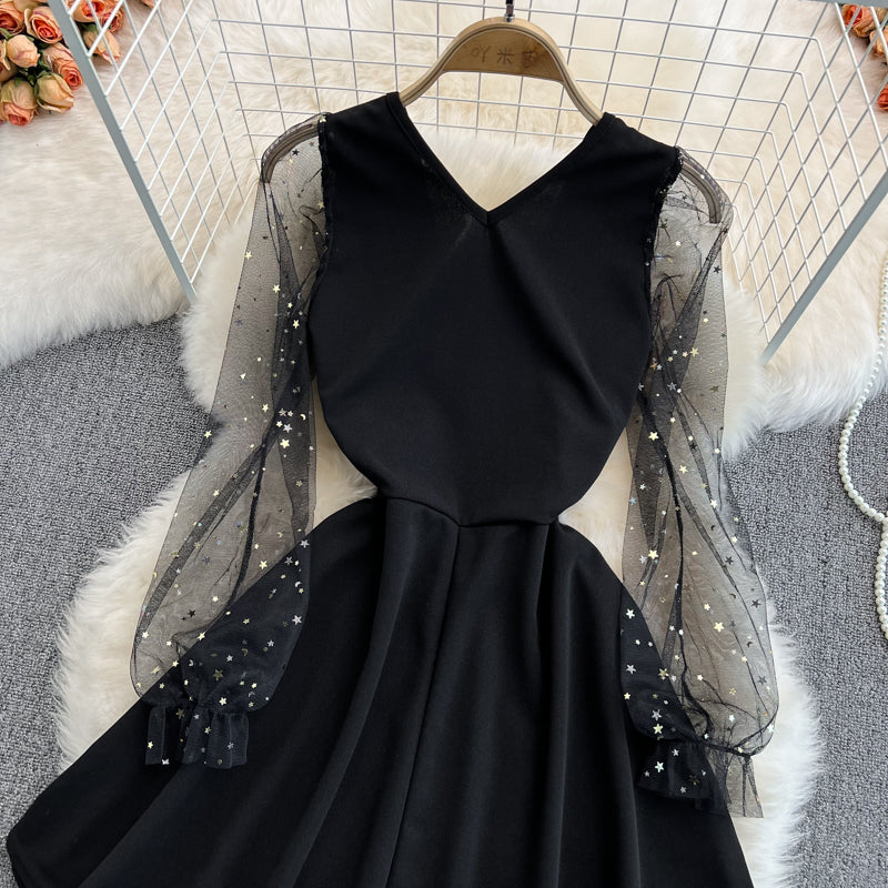 Black V Neck Short Dress A Line Fashion Dress RF0180