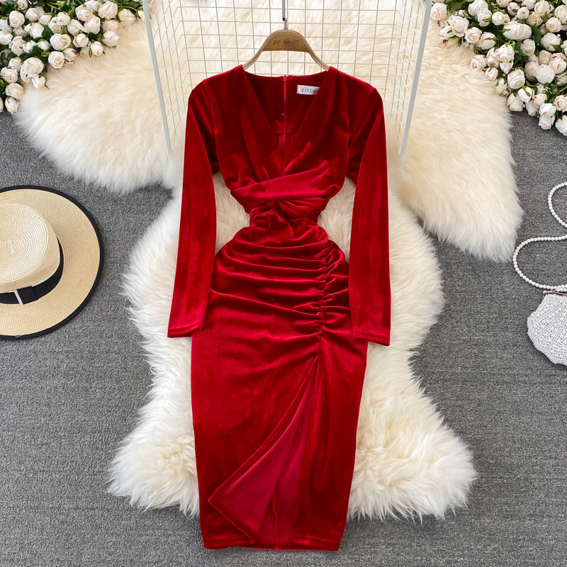 Schlichtes Langarmkleid aus Samt mit V-Ausschnitt, modisches Kleid RF0179