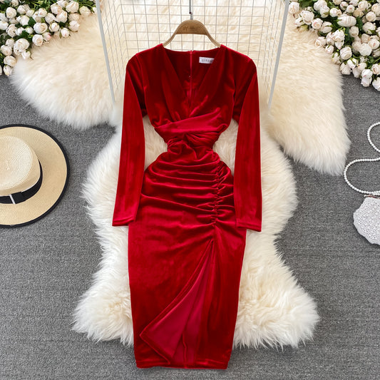 Simple V Neck Velvet Long Sleeve Dress Fashion Dress RF0179