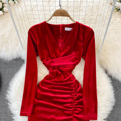 Schlichtes Langarmkleid aus Samt mit V-Ausschnitt, modisches Kleid RF0179